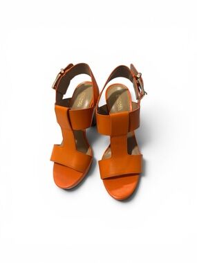 Michael Kors Bright Orange Leather Block-Heel Sandals with Buckle
